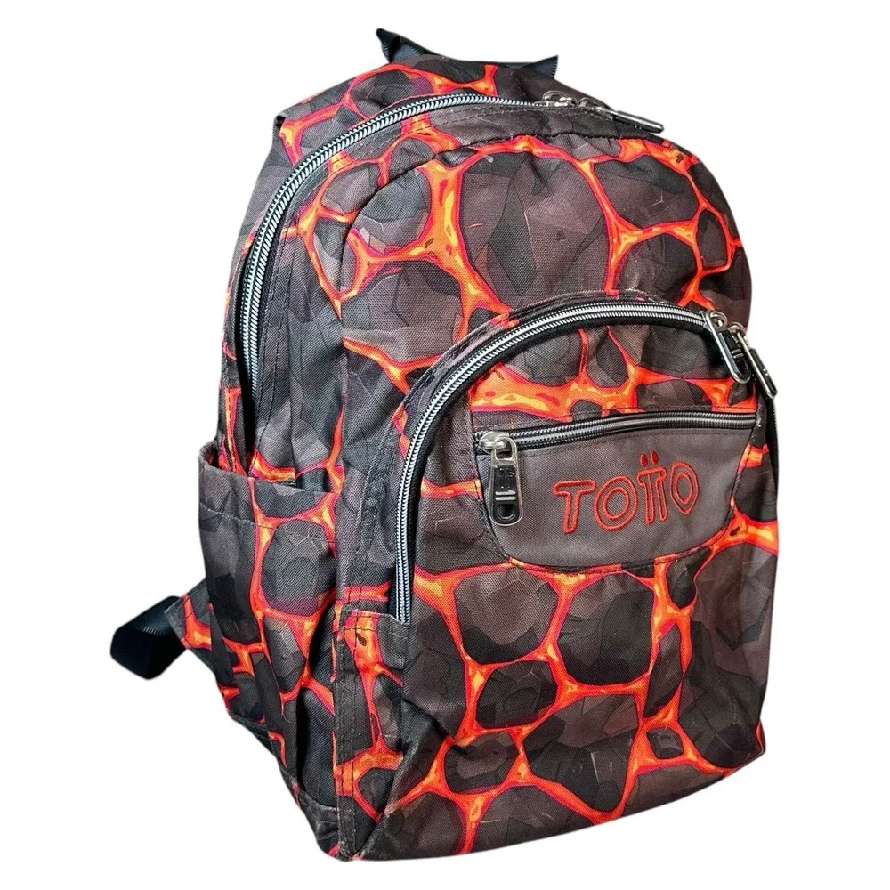 Totto Lava Magma Backpack Black Red Orange School Book Travel Organize 16x12x5